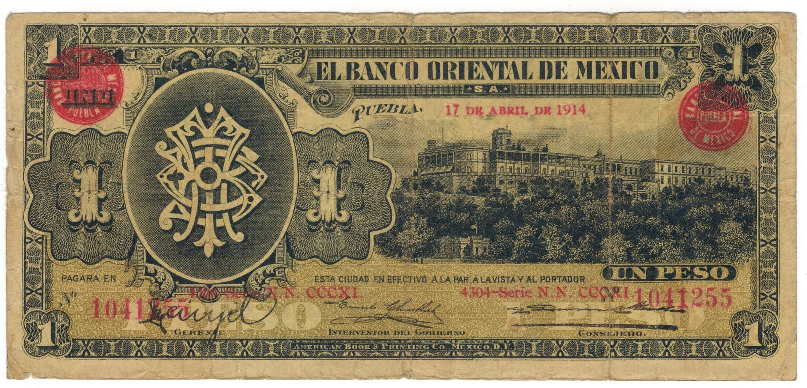 Mexico, 1 Peso , EL BANCO ORIENTAL DE MEXICO, 1914, Used, See Scan. - Mexique