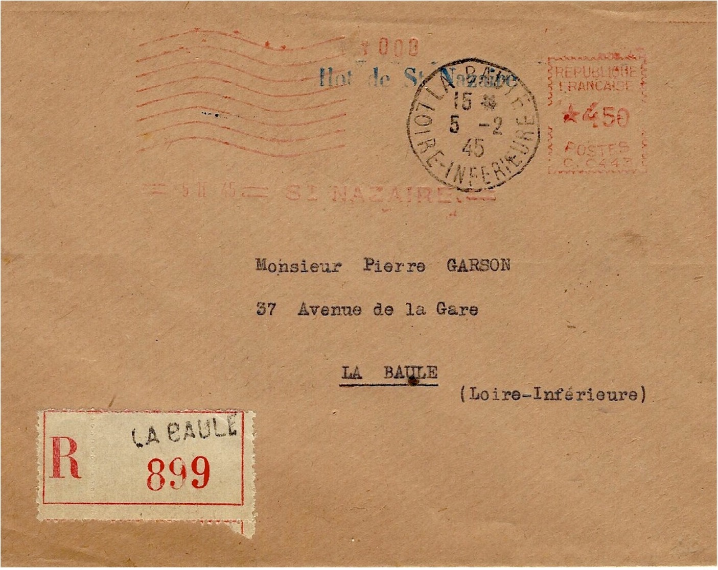 5-2-45 - Enveloppe RECC. De La Baule  " Ilot De St Nazaire " Affr. E M A Machine C . 0443  à 4,50 F - Guerre De 1939-45