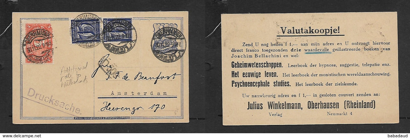 Germany  1.50 , Postilion Postal Card + 3 Adhesives Totalling Mk6.50 Used OBERHAUSEN 30.11.22 > Netherlands - Autres & Non Classés