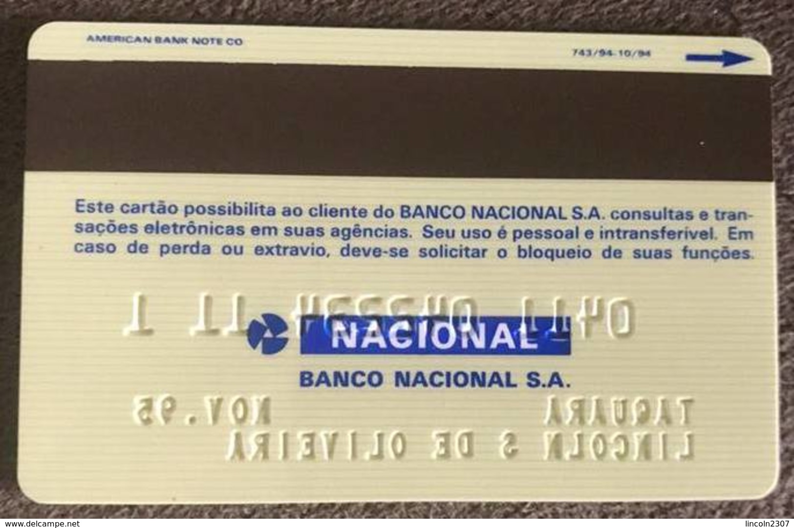 LSJP BRAZIL BANK CARD OF NACIONAL - 11/1995 - THIS BANK DOES NOT EXIST MORE - Cartes De Crédit (expiration Min. 10 Ans)