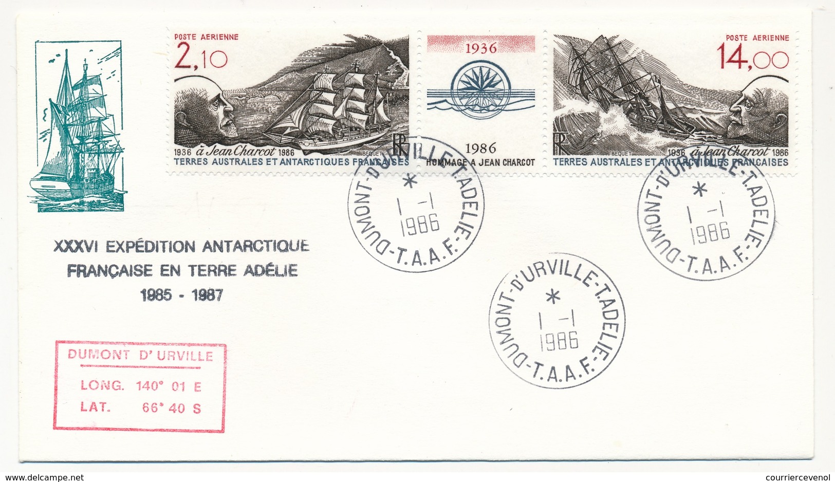 TAAF - Enveloppe Hommage à Jean Charcot -  Dumont D'Urville T. Adélie - 1- 1-1986 - FDC