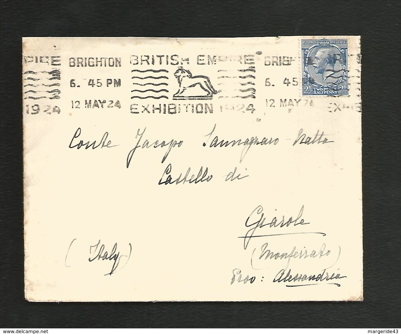 GB OBLITERATION MECANIQUE SUR LETTRE DE BRIGHTON POUR L'ITALIE DU 12/5/1924 - Marcofilia