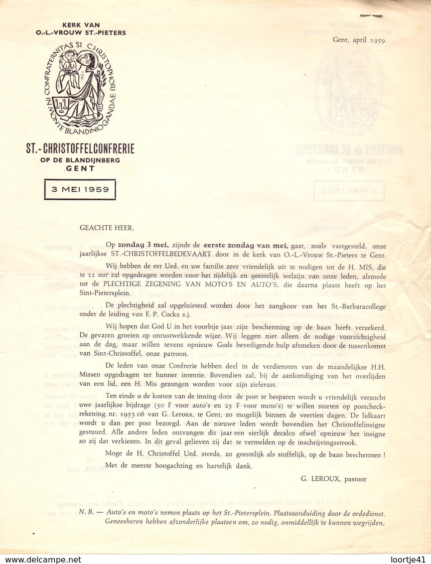 Uitnodiging St Christoffelbedevaart - Zegening Auto's En Moto's -  Gent 1959 - - Other & Unclassified