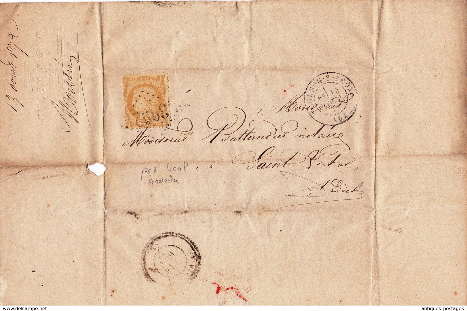 Lettre Tournon-sur-Rhône 1872 Pour Saint Victor Cérès 15 Centimes Ardèche Étude Moutin Avoué - 1849-1876: Période Classique