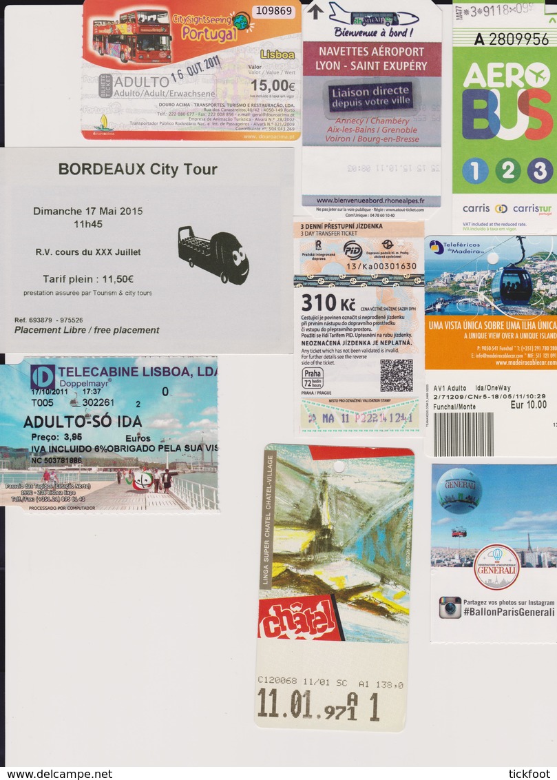 Lot De 9 Tickets Transports Aéroports Bus Ballon Télécabine Lisbonne Paris Prague Bordeaux Lyon - Other & Unclassified