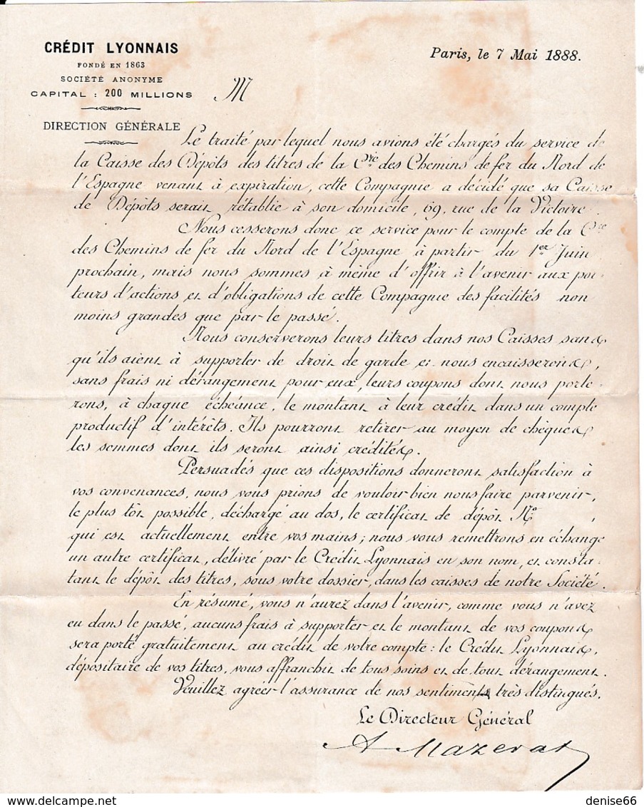 1888 - CRÉDIT LYONNAIS - Circulaire Au Sujet Des TITRES De La Cie Des Chemins De Fer Du Nord De L'ESPAGNE - Documents Historiques