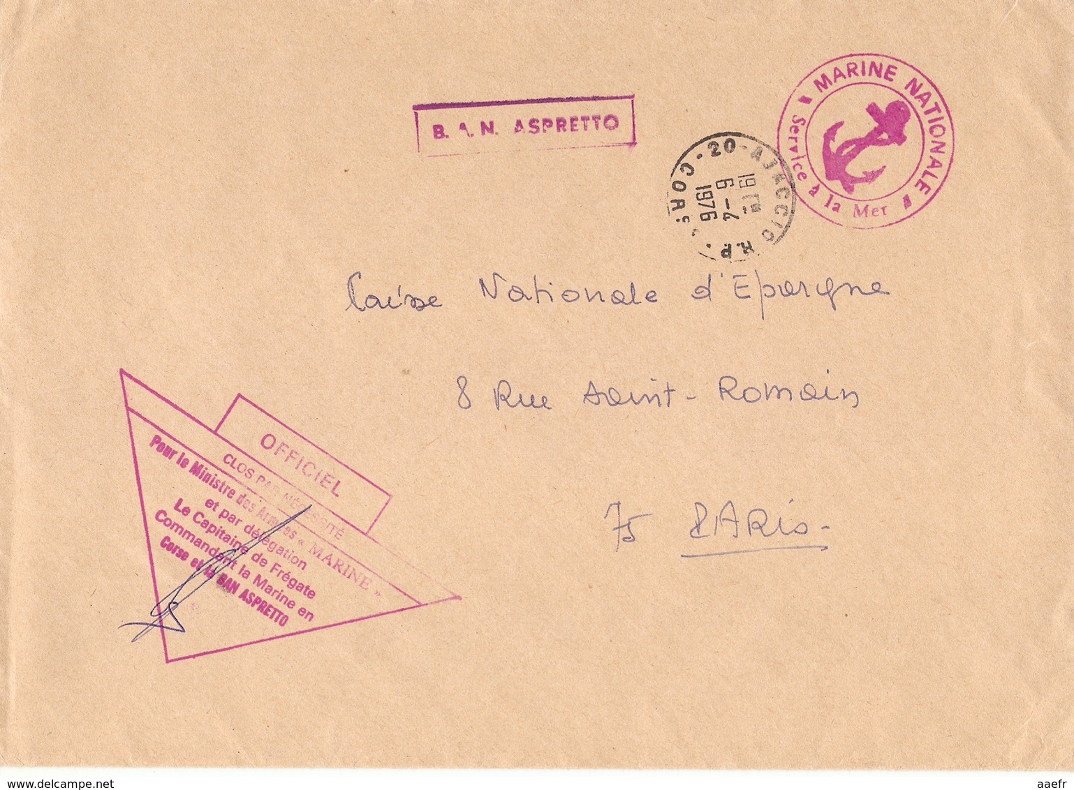 France 1976 - Base Aérienne Navale Aspretto  -  Marine Nationale - Ajaccio - Clos Par Nécessité - Poste Navale