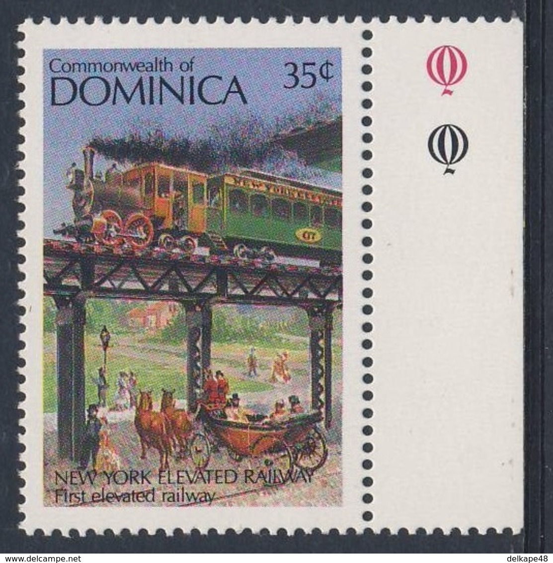 Dominica 1987 Mi 1054 ** "New York Elevated Railway" - First Elevated Railway (1868) / Hochbahn, New York - Treinen