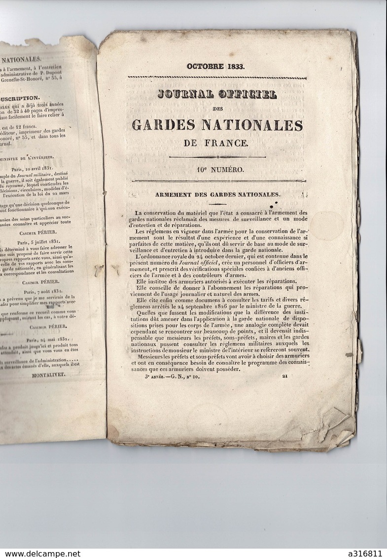 MANUEL DE L ARMEMENT DES GARDES NATIONALES OCTOBRE 1833  Numero 10 Chez Dupont - Autres & Non Classés