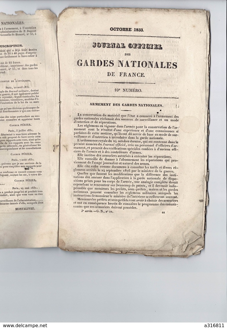 MANUEL DE L ARMEMENT DES GARDES NATIONALES OCTOBRE 1833  Numero 10 Chez Dupont - Autres & Non Classés