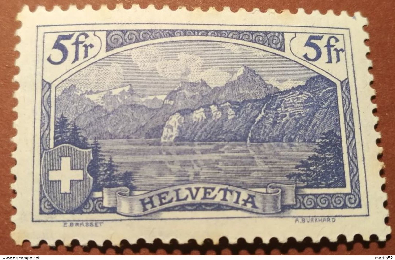 Schweiz Suisse 1914: Rütli 5fr (K.Burkhard) Zu 130 Mi 122x Yv 143 ** MNK Stockfleckig Tâches Au Verso (Zu CHF 130.00 ?) - Ungebraucht