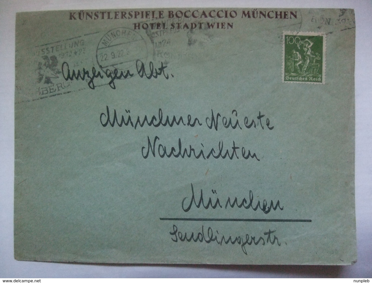 GERMANY - 1922 Inflation Cover - `Kunstlerspiele Boccaccio Munchen Hotel Stadtwien` - Briefe U. Dokumente