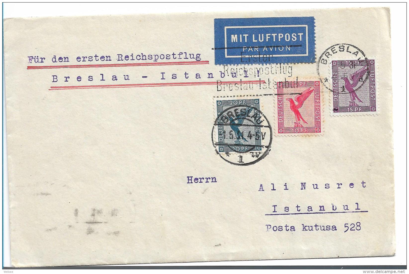 W-L077 / DEUTSCHES REICH -  Erster Postflug Ex Breslau Nach Istanbul 1.5.31 - Briefe U. Dokumente