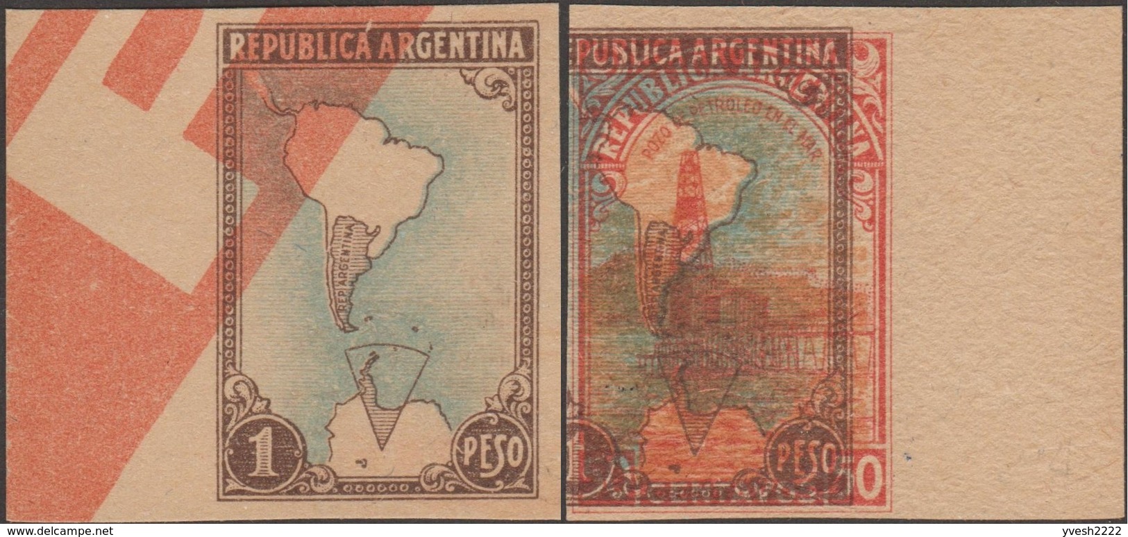 Argentine 1952 Y&T 512, Michel 583x Et 425xb. Essais Sur Papier Adapté. Carte De L' Antarctique, Forage Pétrolier En Mer - Antarctisch Verdrag