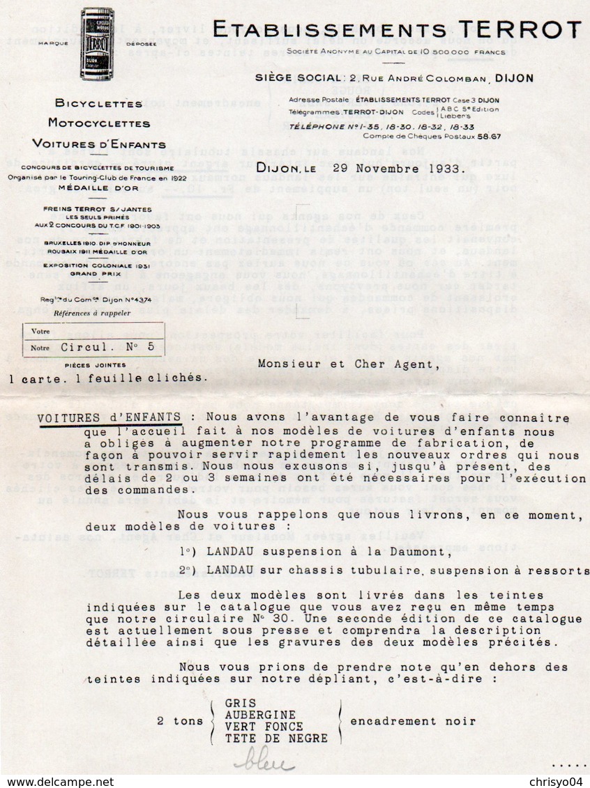 85Mé  Motos Et Vélomoteurs Terrot Lot 2 Courriers De 1933 Pour Voitures Enfants - 1900 – 1949