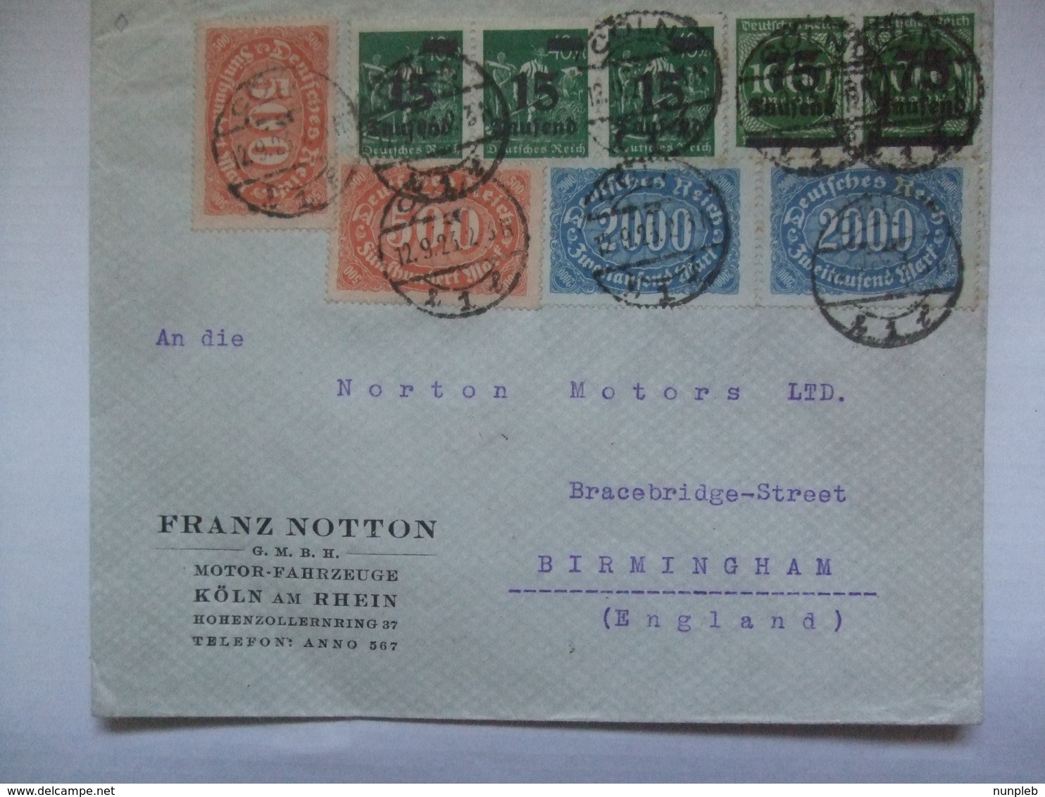 GERMANY - 1923 Inflation Cover - Koln To Birmingham England - 200000 DM Rate - Multi-stamped - Covers & Documents