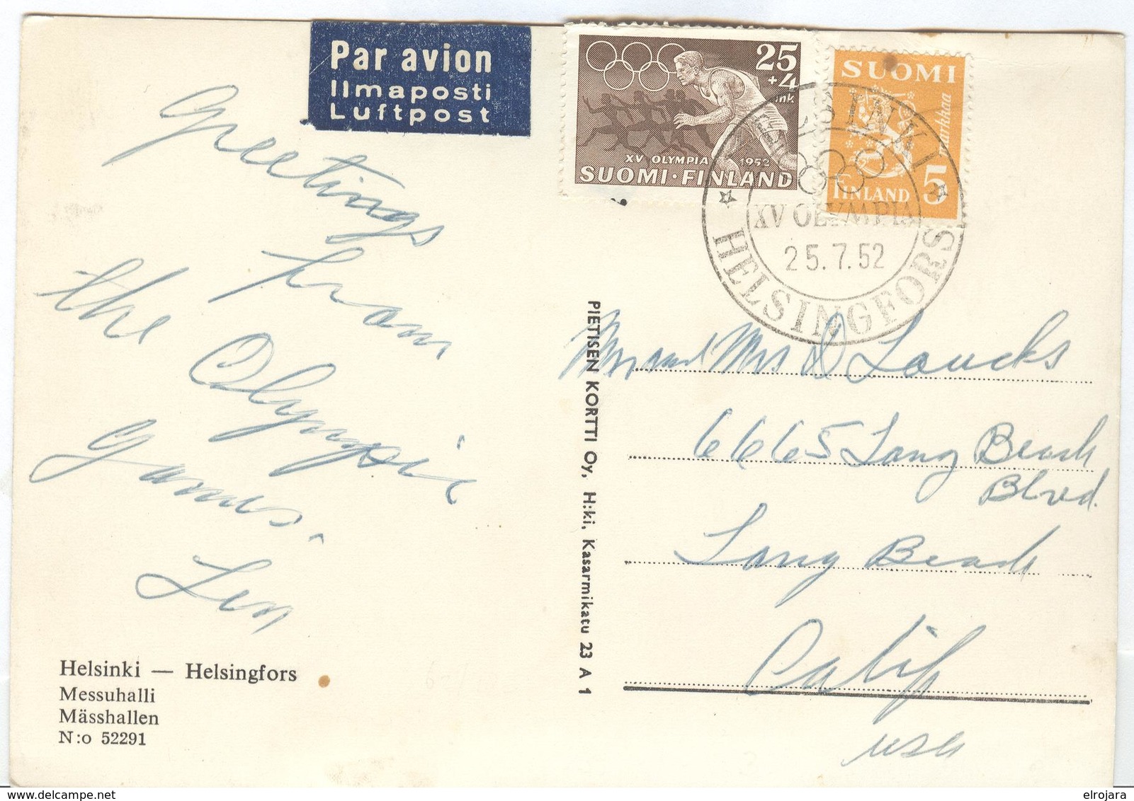FINLAND Used Olympic Postcard With Olympic Stamps And Olympic Cancel 26.7.52 - Verano 1952: Helsinki