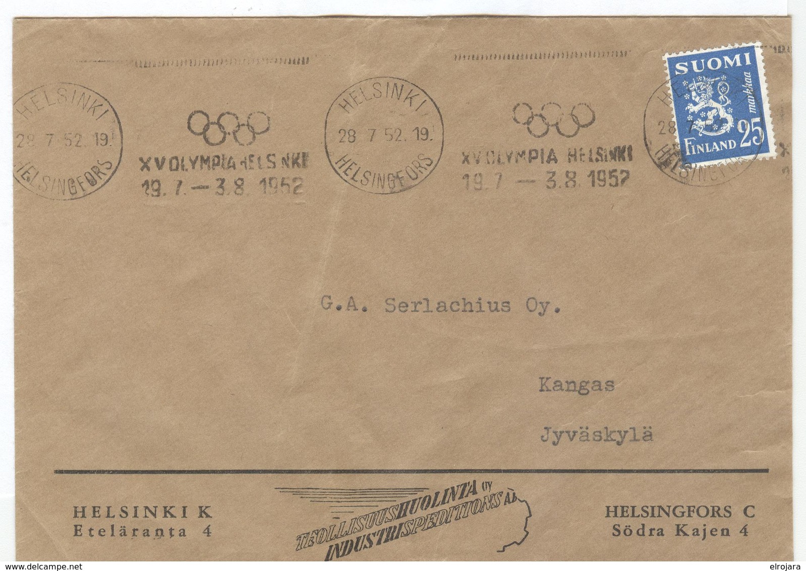 FINLAND Cover With Olympic Machine Cancel  28.7.52 During The Games - Sommer 1952: Helsinki