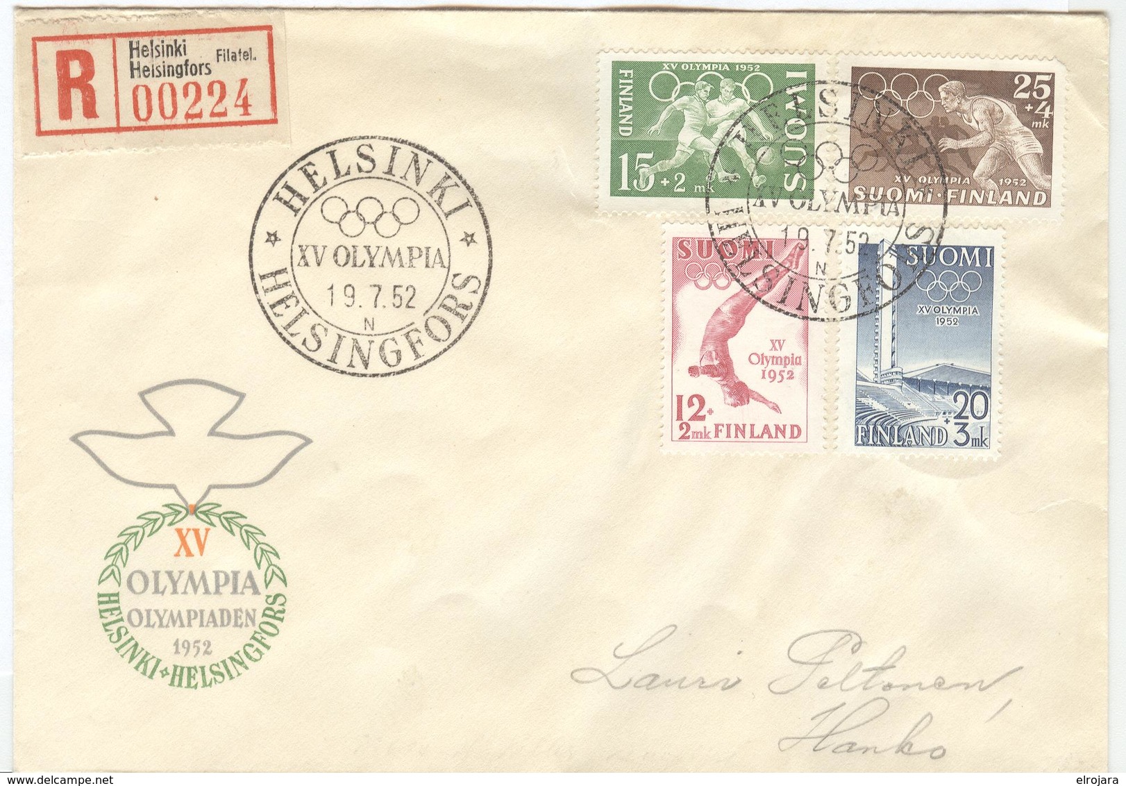 FINLAND Olympic Set On Registered Cover With Olympic Cancel 19.7.52 Opening Day Of The Games - Sommer 1952: Helsinki