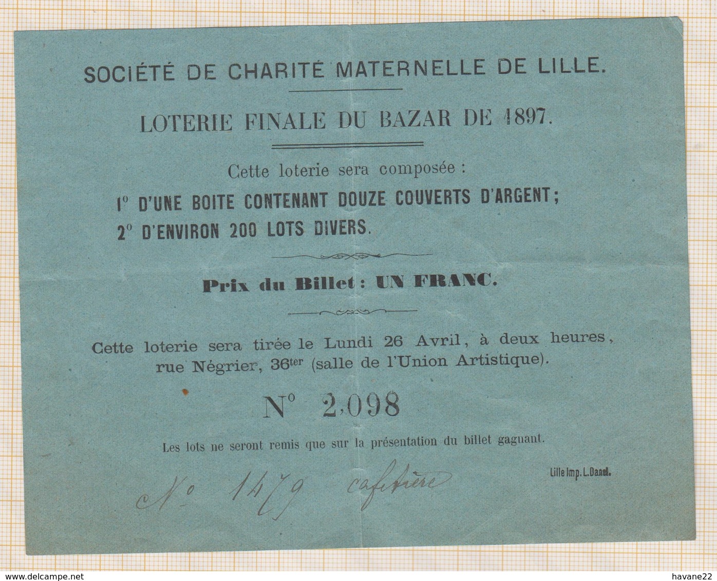 8/137 Billet Lotterie SOCIETE DE CHARITE MATERNELLE DE LILLE 1897 - Billets De Loterie