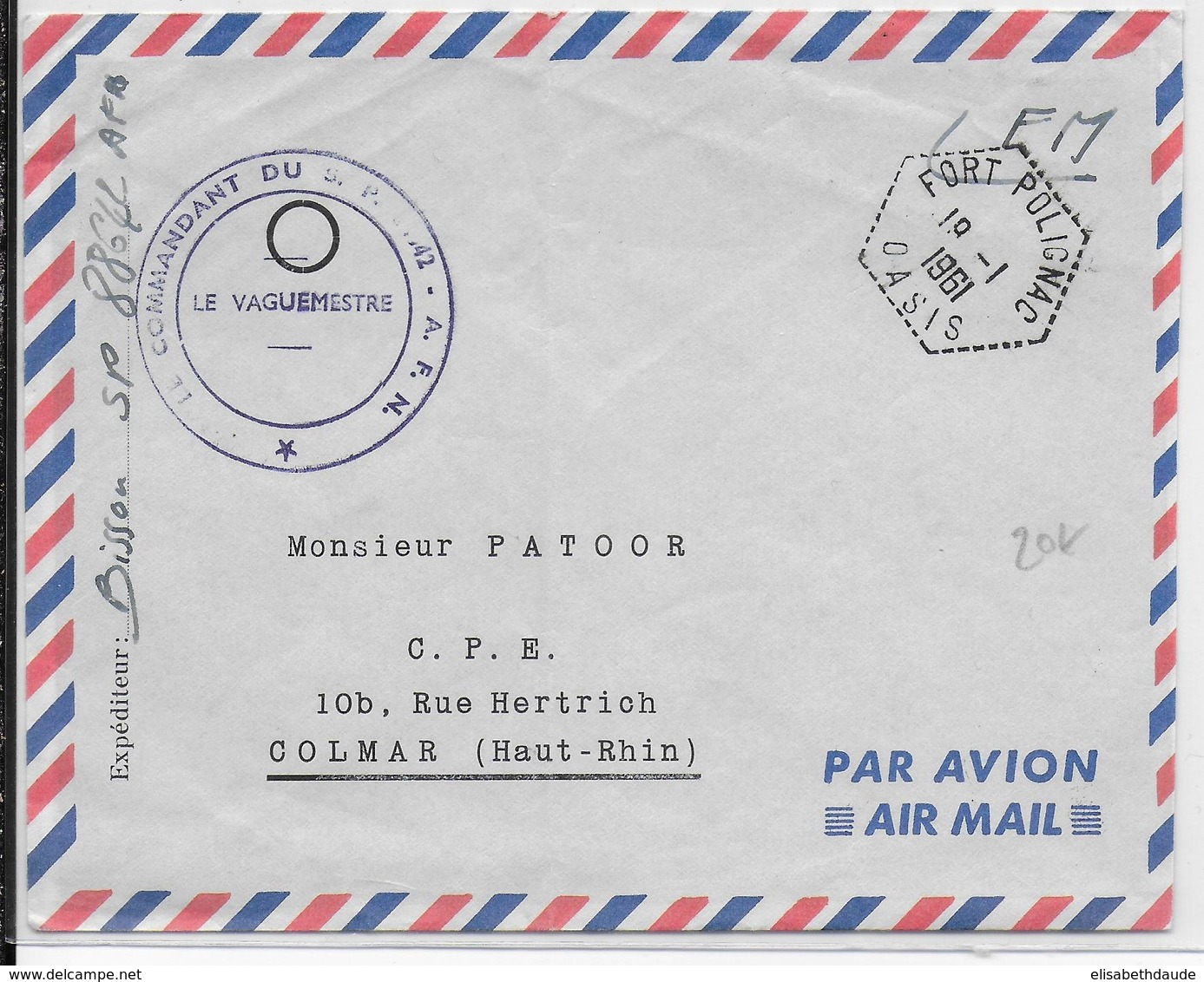 ALGERIE - 1961 - ENVELOPPE FM De FORT POLIGNAC OASIS  => COLMAR - Guerre D'Algérie