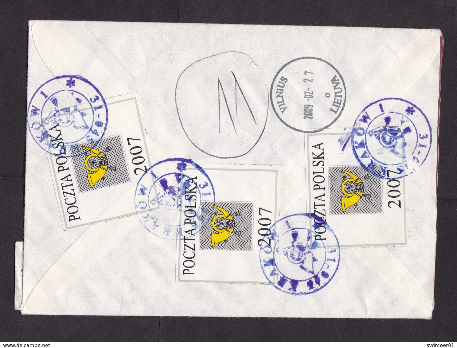 Poland: Registered Value Cover To Lithuania, 2009, TP, Official Postal Seal Label, V-label, Rare (traces Of Use) - Covers & Documents