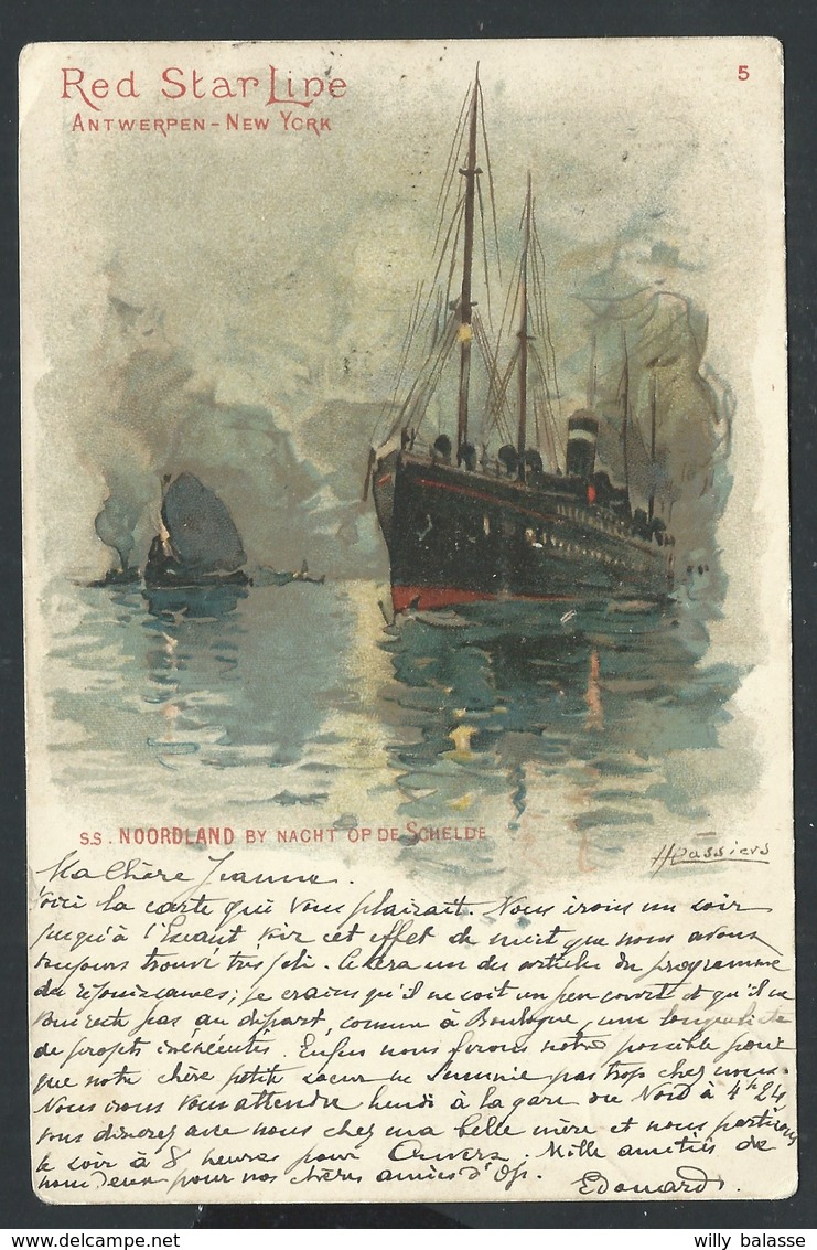 +++ CPA - Bateau - RED STAR LINE Antwerpen New York - Illustrateur Cassiers - SS.NOORDLAND By Nacht Op De Schelde    // - Paquebots