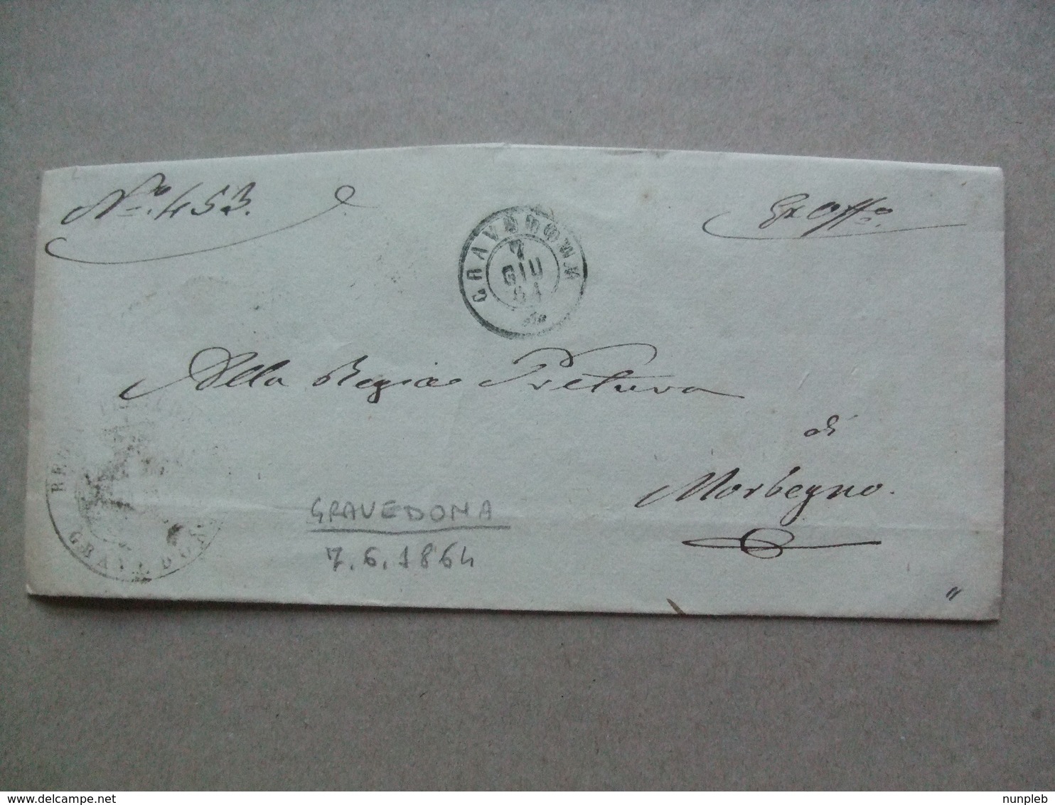 ITALY 1864 Stampless Wrapper - Gravedona To Morbegno - ...-1850 Préphilatélie