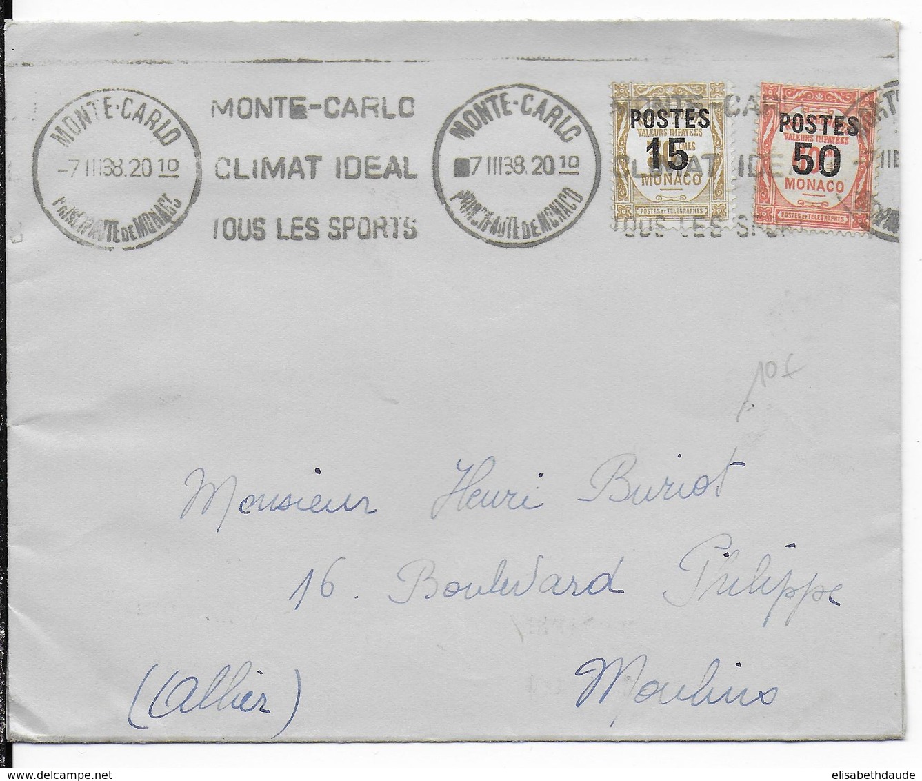 1938 - MONACO - ENVELOPPE De MONTE CARLO Avec MECA => MOULINS - Covers & Documents