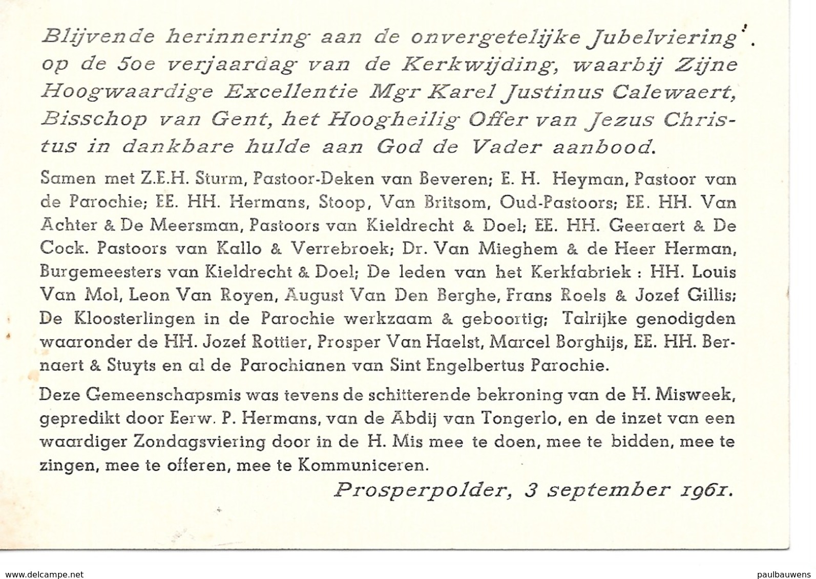 Prosperpolder 3 September 1961, Jubelviering, 10,5 Op 7,5, Mgr Karel Justinus Calewaert, Deken Sturm, E.H. Heyman - Religion & Esotérisme