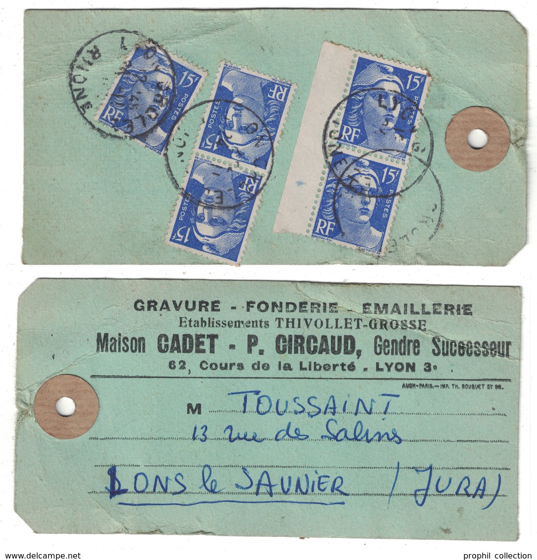 195? - ETIQUETTE De COLIS Ou SAC AFFRANCHIE À 75F Avec GANDON 15F X 7 CAD LYON PREFECTURE Pour LONS LE SAUNIER JURA - 1921-1960: Période Moderne