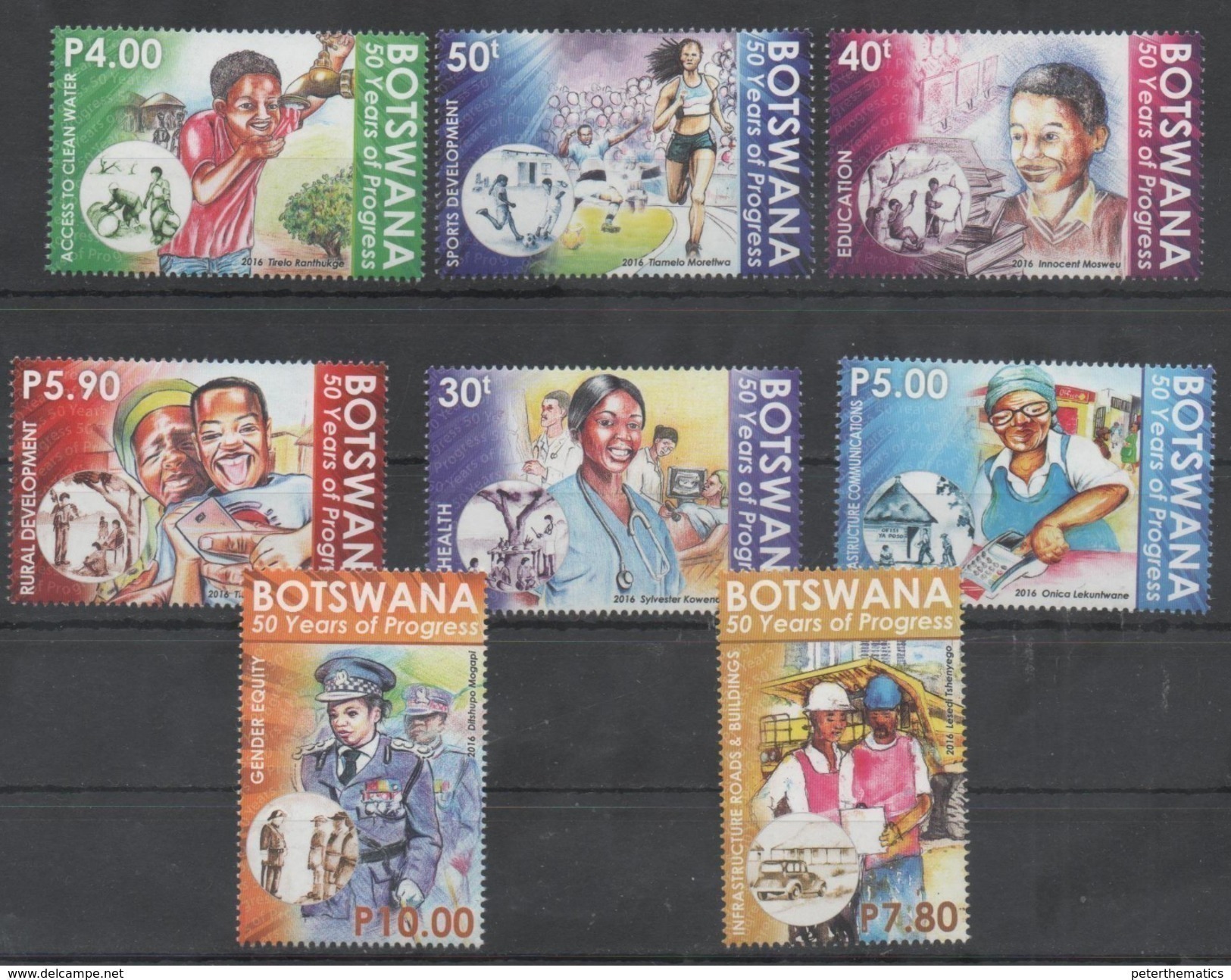 BOTSWANA, 2016, MNH, 50 YEARS OF PROGRESS,EDUCATION ,HEALTH, POLICE, SPORTS, WATER, GENDER EQUALITY,8v - Police - Gendarmerie