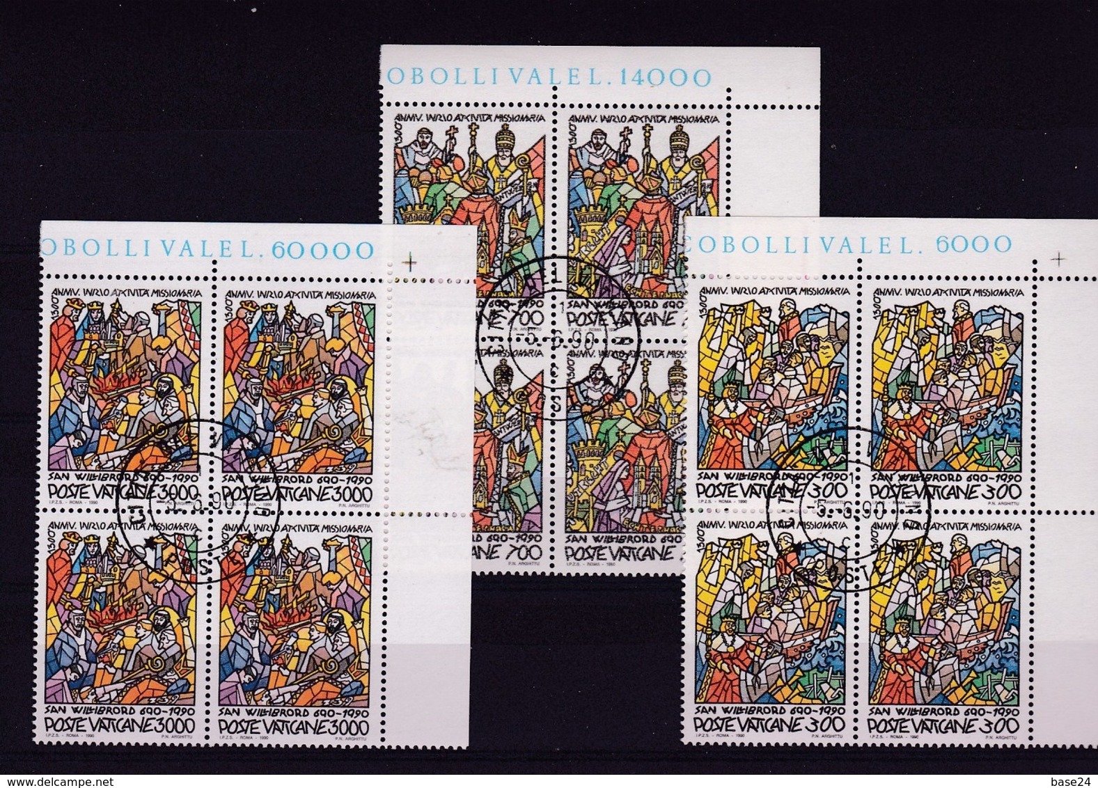 1990 Vaticano Vatican SAN WILLIBRORD 4 Serie Di 3v. Usate FDC In Quartina Con Gomma USED Bl.4 - Oblitérés