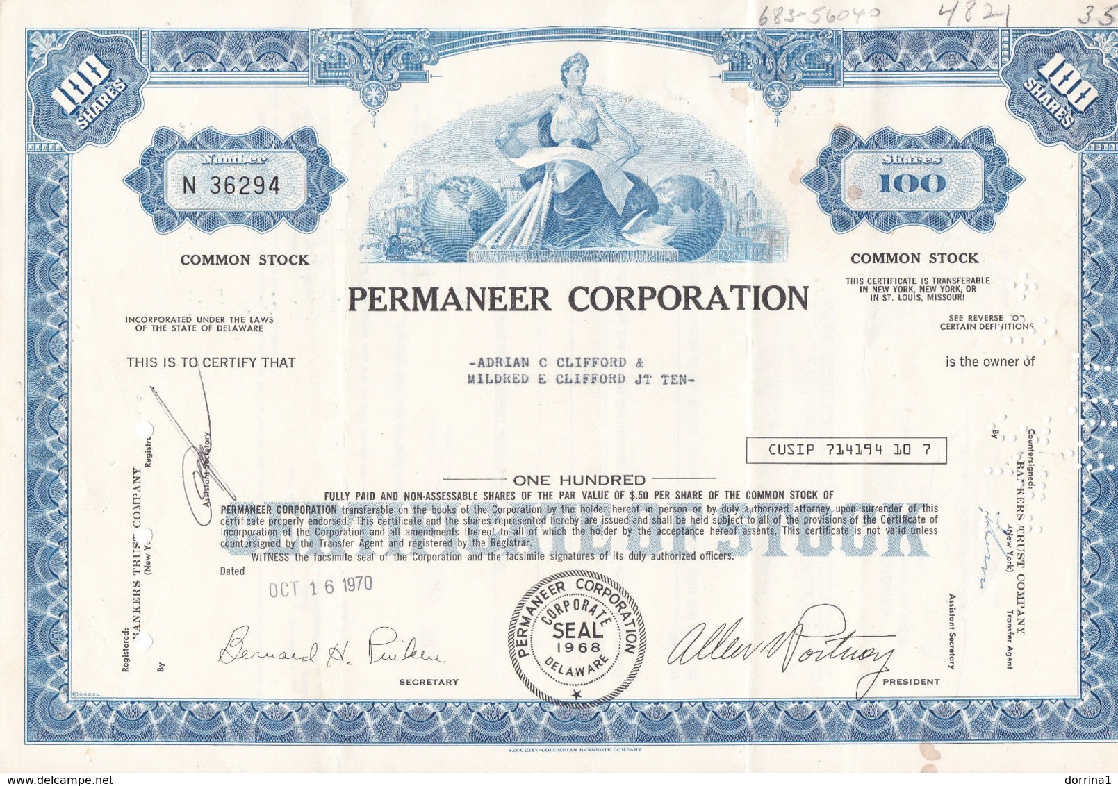 Certificate Of Stock 100 Shares Permaneer Corporation 1968 United States - Unclassified