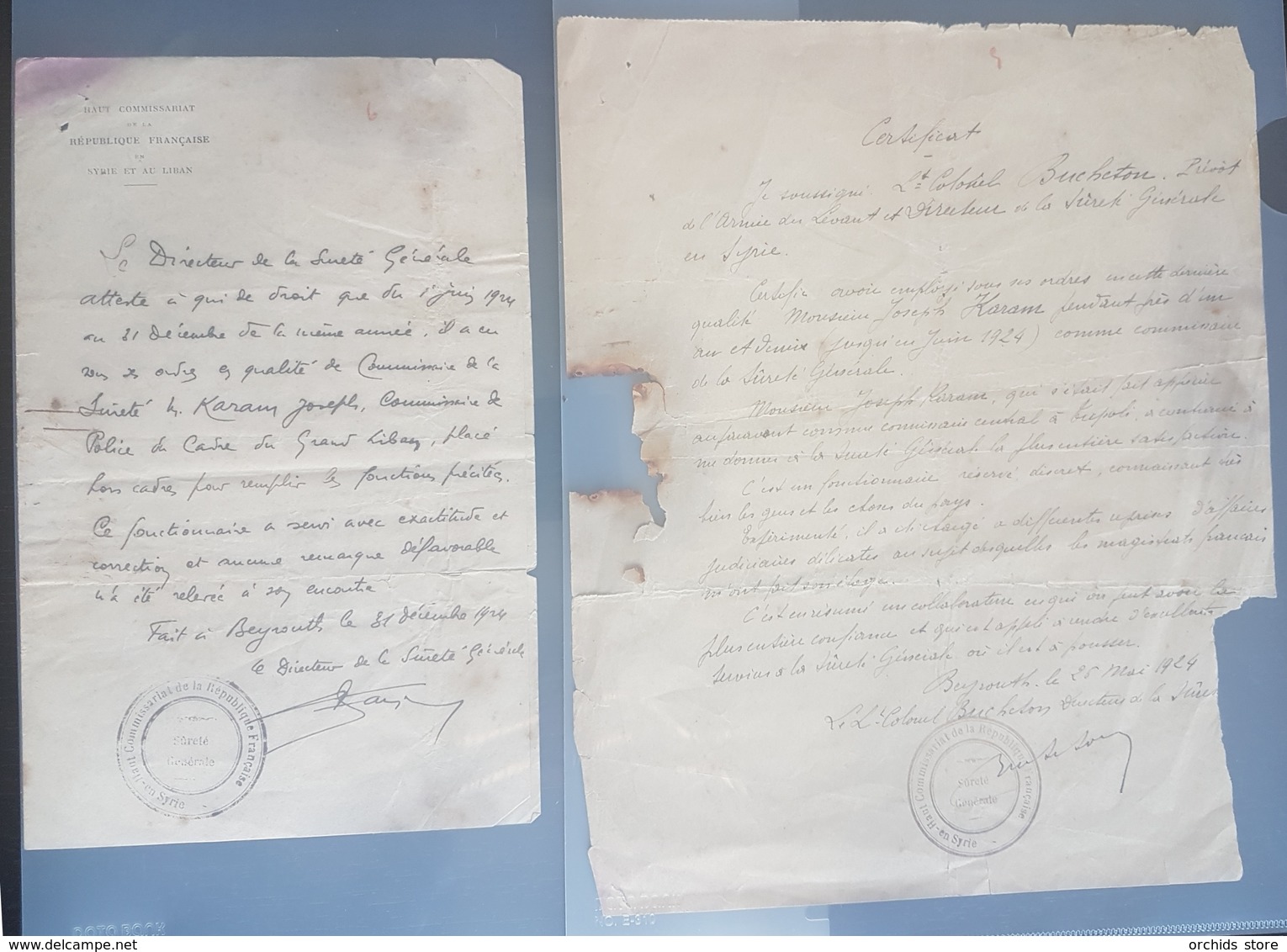 Lebanon Scarce 1924 Documents Signed By LtCol Bucheton HAUT COMISSARIAT DE LA REPUBLIQUE FRANCAISE Syrie SURETE GENERALE - Historical Documents