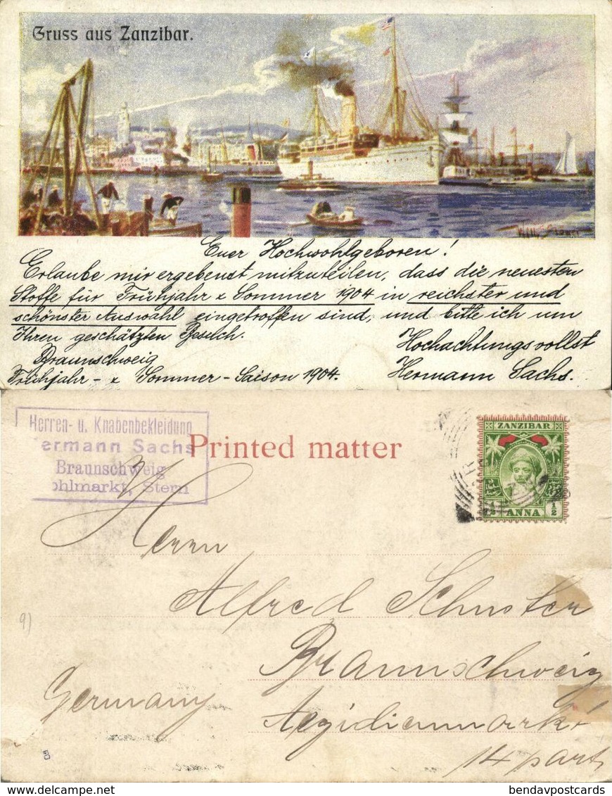 Tanzania, ZANZIBAR, Harbour Scene With Steamer (1904) Litho Postcard, Stamp - Tanzania