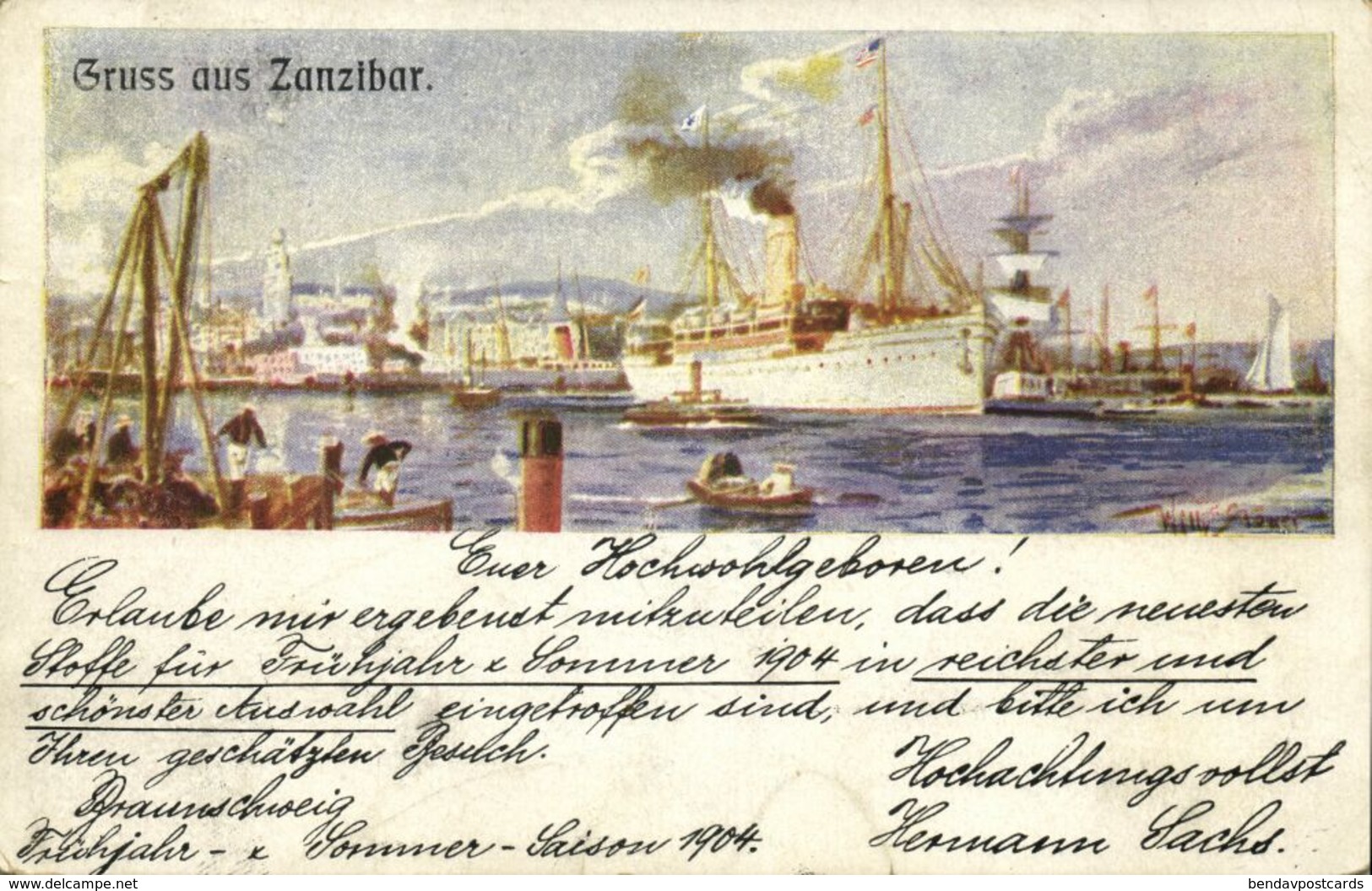 Tanzania, ZANZIBAR, Harbour Scene With Steamer (1904) Litho Postcard, Stamp - Tanzania