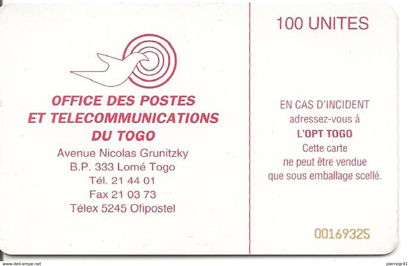 CARTE PUCE-TOGO-SC7-100U-OPTT REGARD SUR LE MONDE/ANTENNE--TBE-RARE - Togo