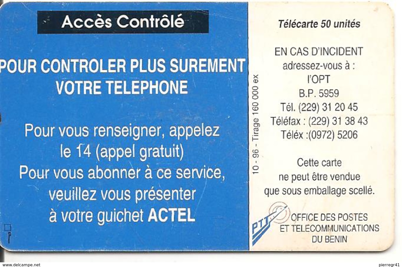 CARTE PUCE-BENIN-50U-GEM B-10/96-SERVICES PLUS-UTILISE-BE - Benin