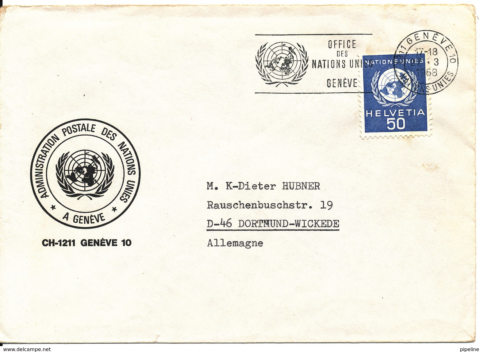 Switzerland UN Geneve Cover Sent To Germany Geneve 27-3-1968 Single Stamped - Lettres & Documents