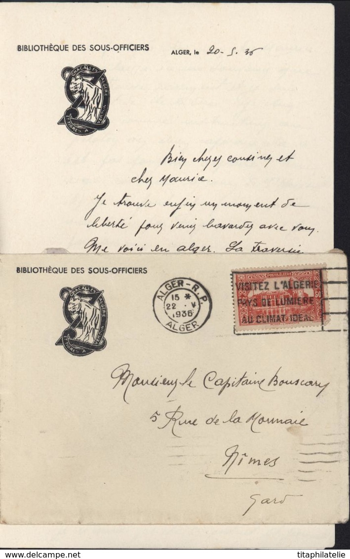 Bibliothèque Des Sous Officiers Enveloppe Illustrée Chacals En Algérie Tigre à Verdun Z9 YT 112 CAD Alger RP 1936 Flamme - Lettres & Documents