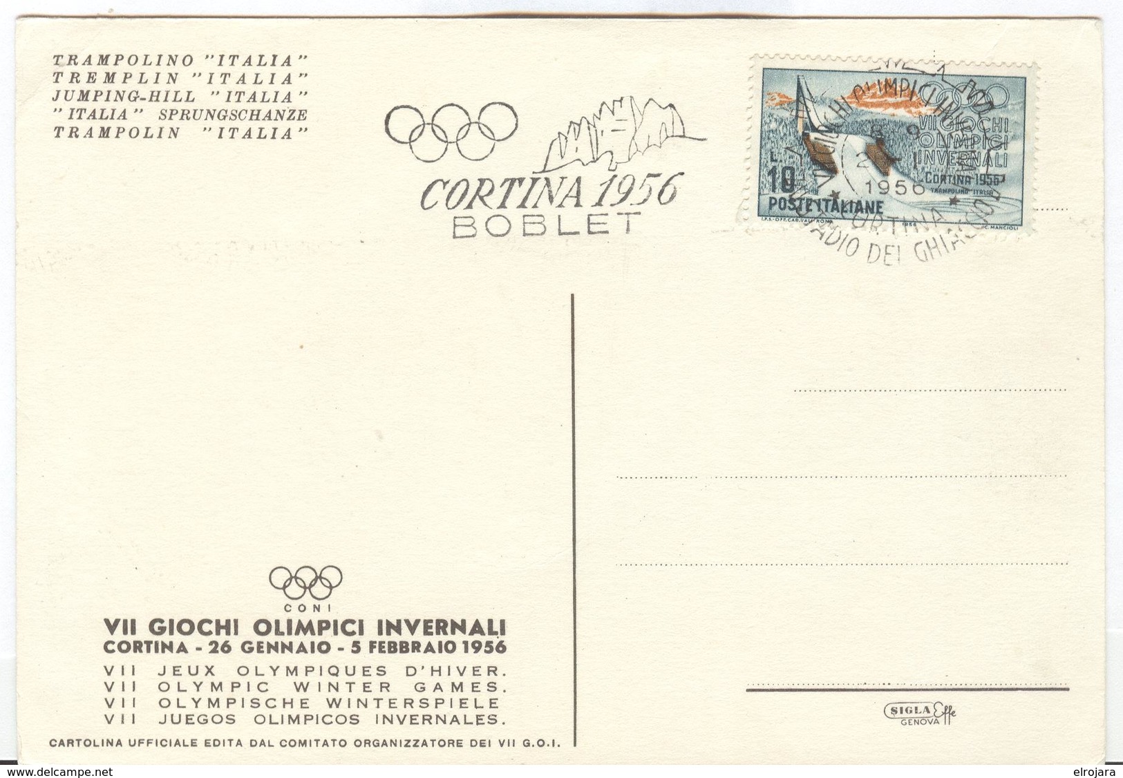 Italy Olympic Postcard With Olympic Machine Cancel Bobsleigh 28.1.1956 - Hiver 1956: Cortina D'Ampezzo