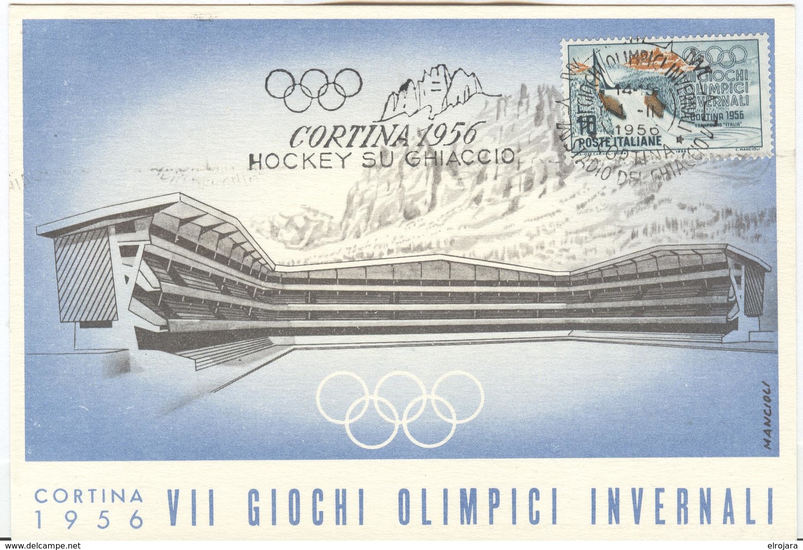 Italy Olympic Postcard With Olympic Machine Cancel Icehockey 1.II.1956 - Invierno 1956: Cortina D'Ampezzo