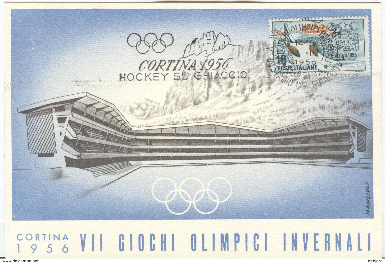 Italy Olympic Postcard With Olympic Machine Cancel Icehockey 1.II.1956 - Winter 1956: Cortina D'Ampezzo