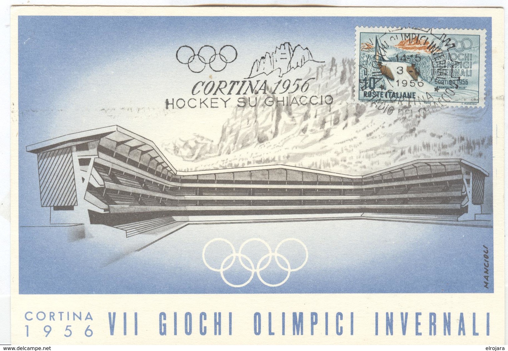 Italy Olympic Postcard With Olympic Machine Cancel Icehockey 3.II.1956 - Hiver 1956: Cortina D'Ampezzo