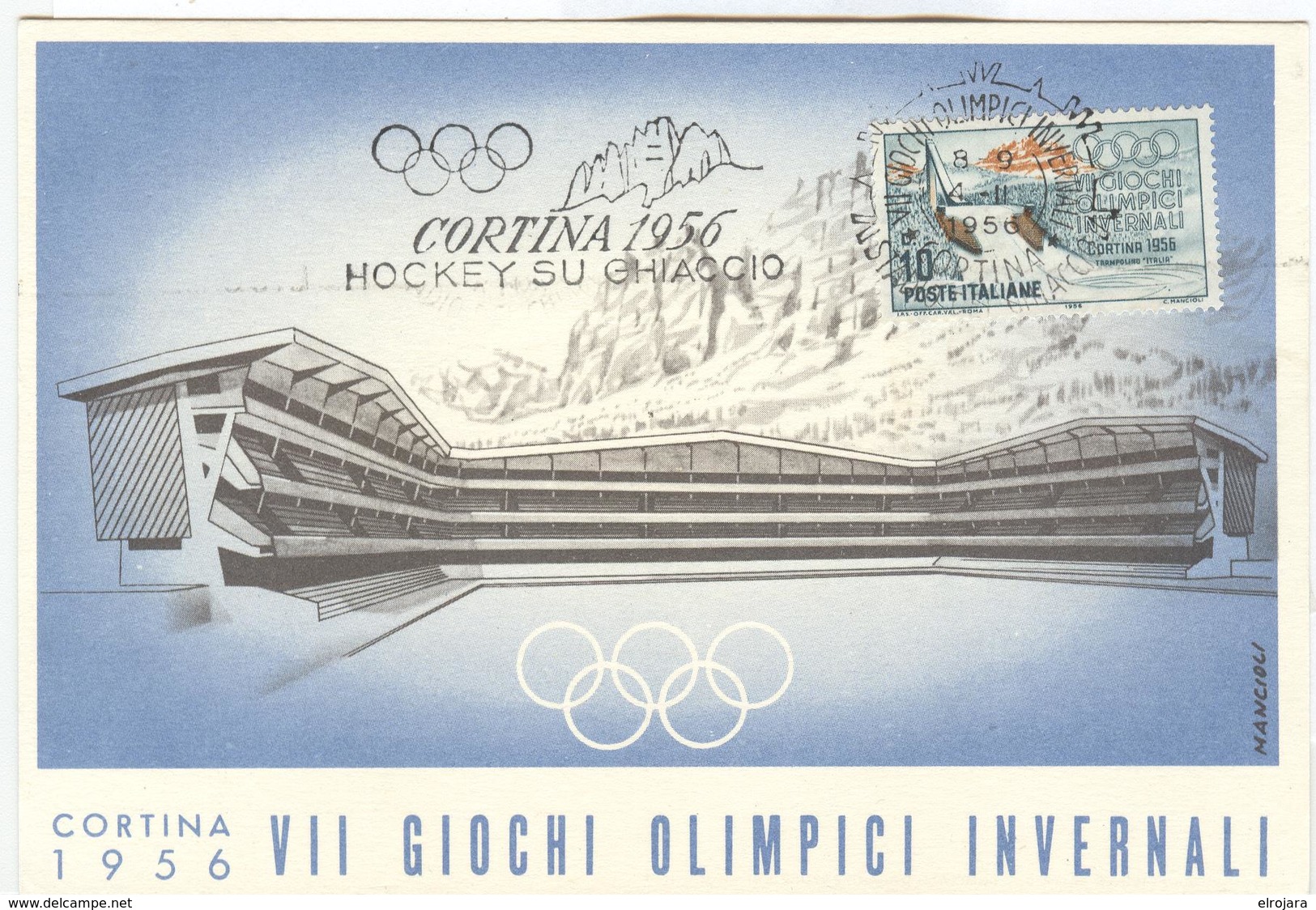 Italy Olympic Postcard With Olympic Machine Cancel Icehockey 4.II.1956 - Winter 1956: Cortina D'Ampezzo