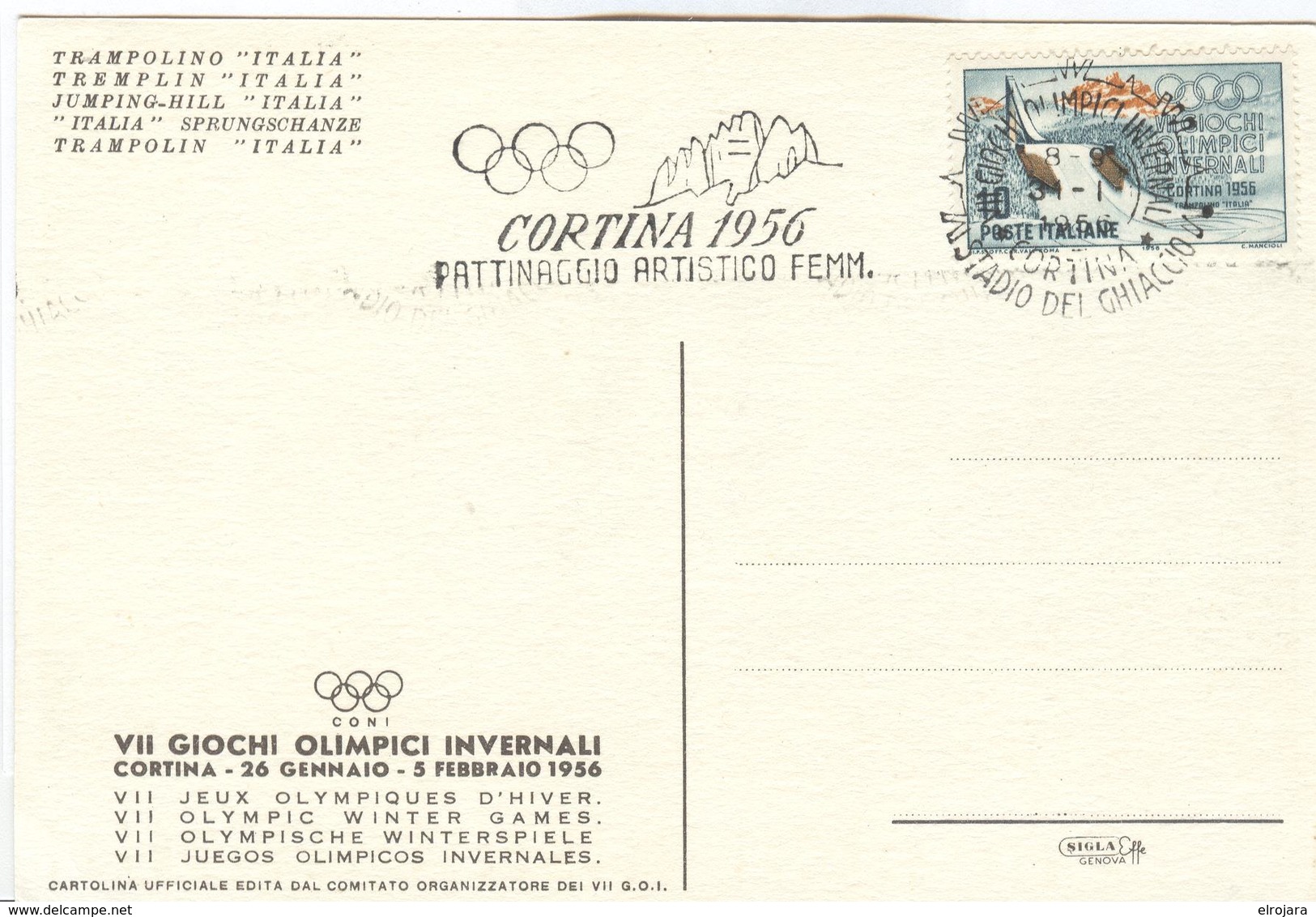 Italy Olympic Postcard With Olympic Machine Cancel Artistic Skating Women 31.1.1956 - Winter 1956: Cortina D'Ampezzo