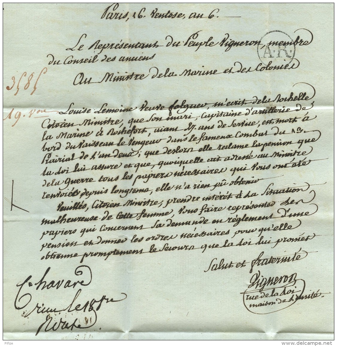 Conseil Des Anciens / LàC 1798 En Port Payé . Vigneron à Ministre De La Marine Et Des Colonies . Combat De Prairial . - 1701-1800: Precursors XVIII