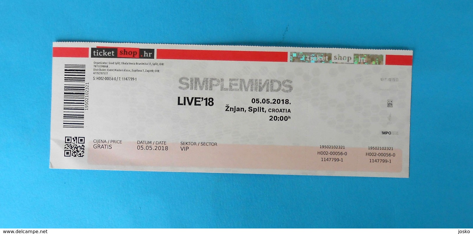 SIMPLE MINDS - LIVE'18 - Croatian Concert Ticket 05.05.2018. * Concert Ticket Billet Biglietto Boleto - Eintrittskarten