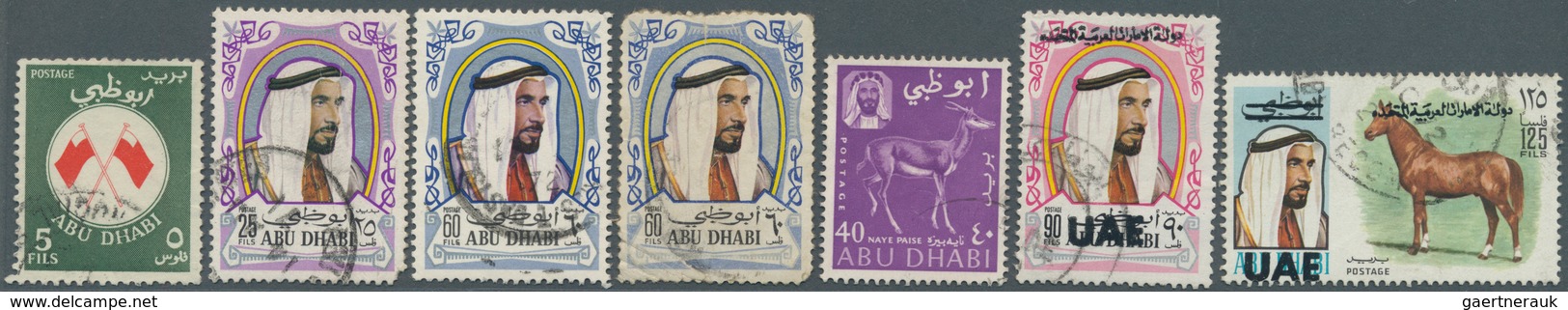 22000 Abu Dhabi: 1966/1972, Lot Of 23 Commercially Used Stamps (some With Inevitable Marks), Incl. 1972 UA - Abu Dhabi